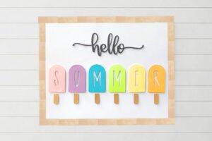 Hello Summer colorful popsicle cardstock art with wood block frame www.emjaybeedesign.com