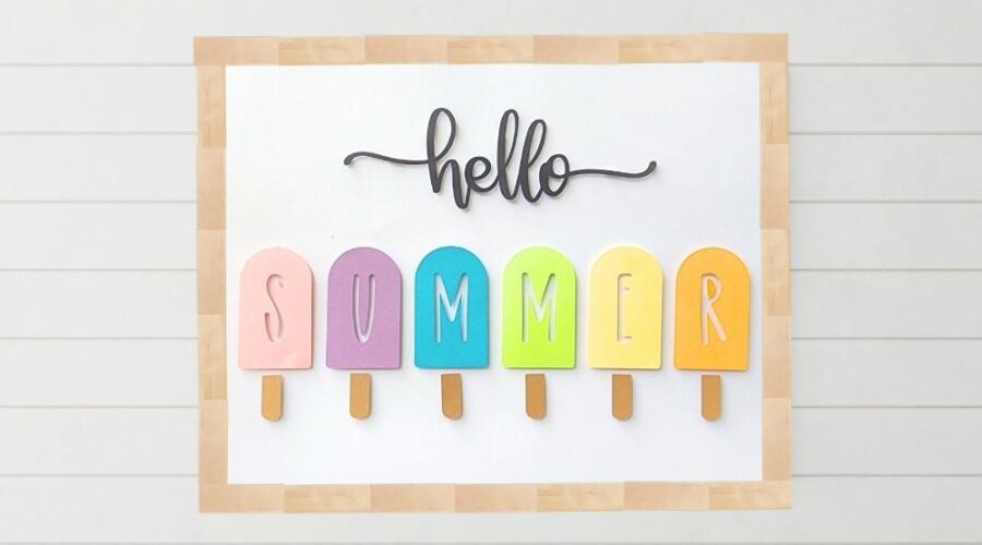 Hello Summer colorful popsicle cardstock art with wood block frame www.emjaybeedesign.com