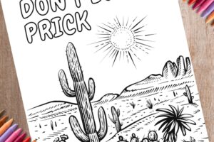 Cactus in a desert coloring page mock up with crayons www.emjaybeedesign.com