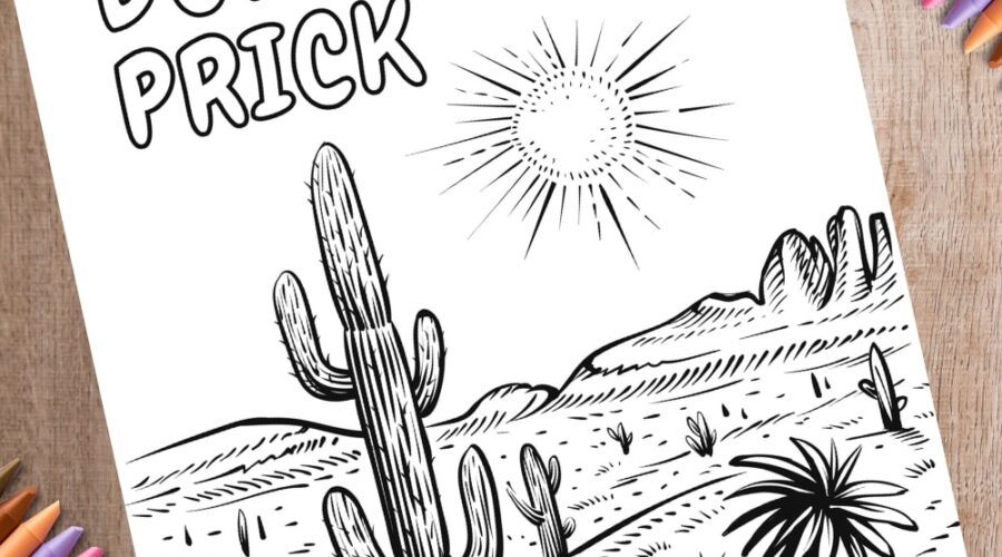 Cactus in a desert coloring page mock up with crayons www.emjaybeedesign.com