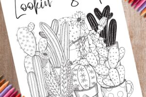 Cacti coloring page mock up with crayons www.emjaybeedesign.com