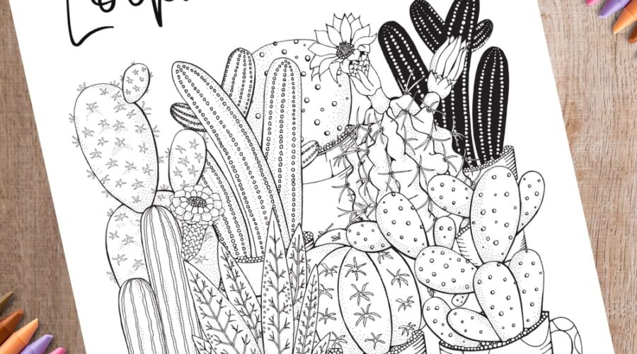 Cacti coloring page mock up with crayons www.emjaybeedesign.com