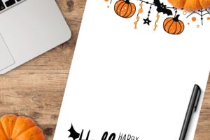 Cute Happy Halloween banner with pumpkins bats and spiders black note paper free printable page mock up www.emjaybeedesign.com