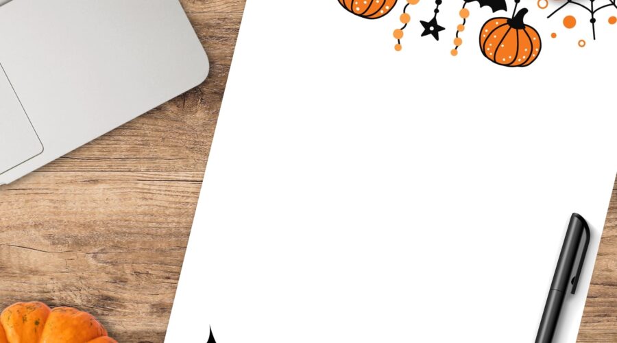 Cute Happy Halloween banner with pumpkins bats and spiders black note paper free printable page mock up www.emjaybeedesign.com