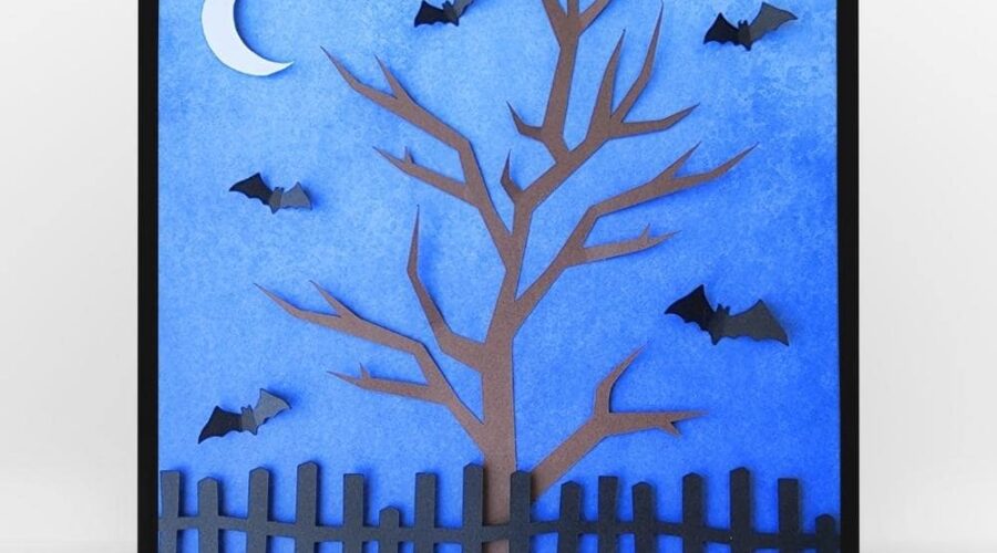 framed paper craft project with bats, a bare tree and fence under moonlight www.emjaybeedesign.com