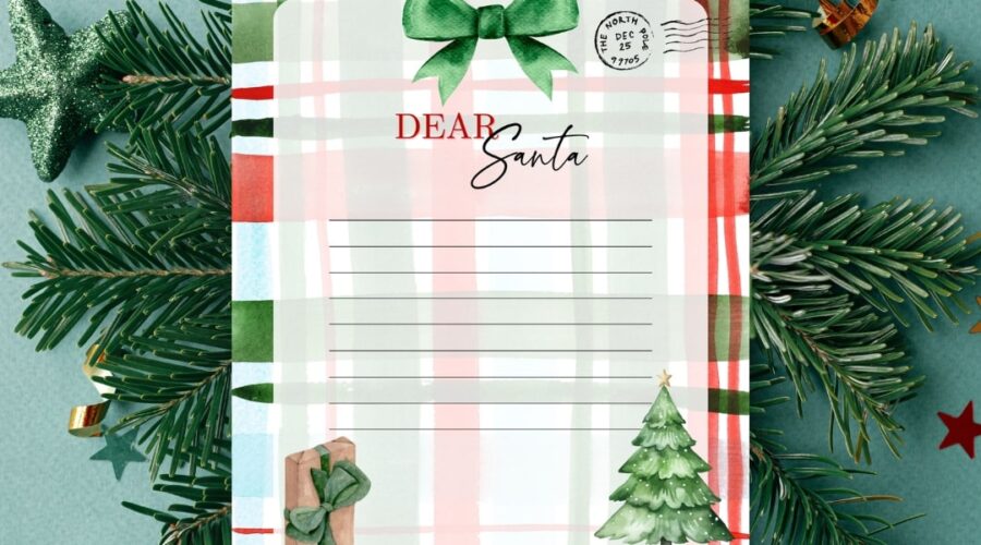 dear santa line paper stationery with christmas plaid background www.emjaybeedesign.com