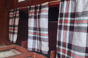 plaid patterned nesting box curtains for chicken coop www.emjaybeedesign.com