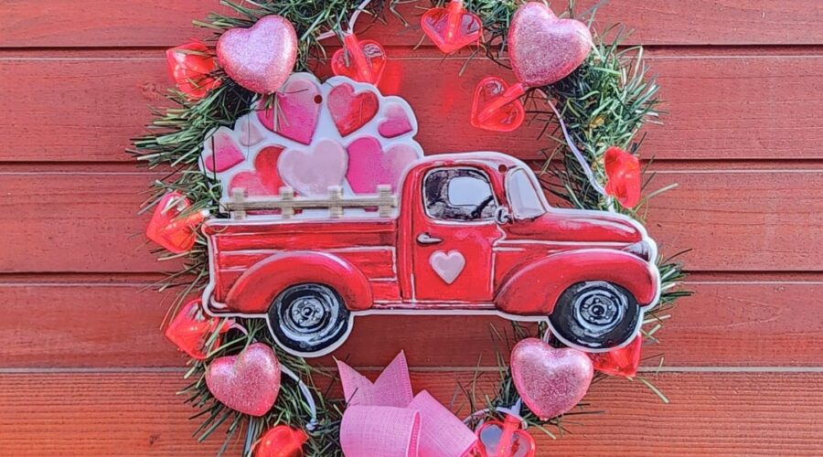 Valentine's day heart wreath diy with foam hearts metal truck bow and lights www.emjaybeedesign.com