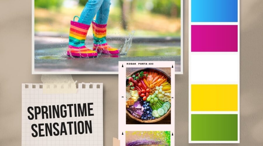 bright colors, rainbow colored boots, colorful fruits and vegetables and eye make up mood board inspiration for spring www.emjaybeedesign.com