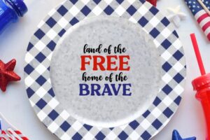 Patriotic charger plate decor land of the free home of the brave design on blue and white plaid rim plate www.emjaybeedesign.com