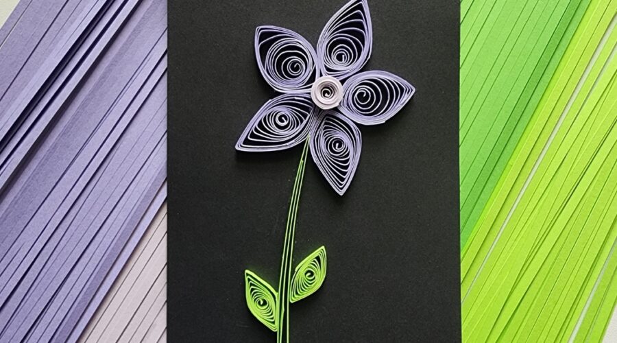 Quilling paper flower art featured image purple flower green stem and leaves paper strips quilling project www.emjaybeedesign.com